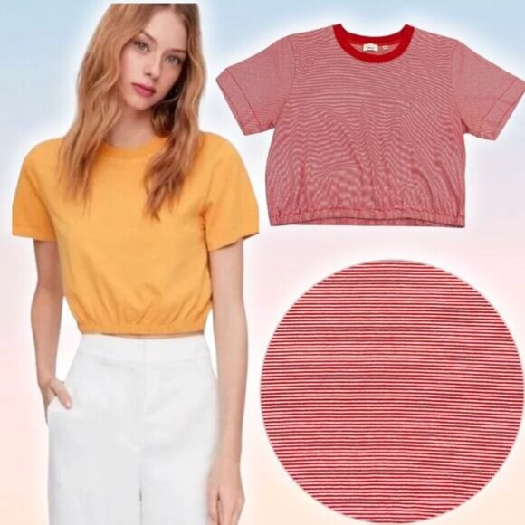 WILFRED Aritzia Piaf Striped Crop T-Shirt Sz Medium Orange - Picture 1 of 4